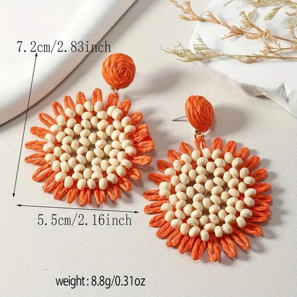 NEW! BOHO Raffia & BEADED SUNFLOWER Earrings - Picture 3 of 4
